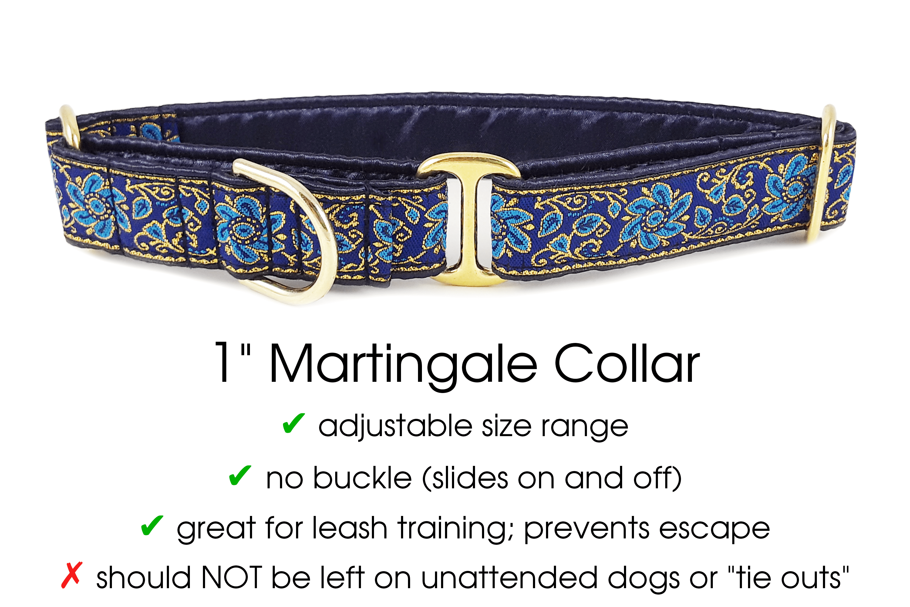 Sevilla Jacquard in Blue, Turquoise & Gold - Martingale Dog Collar or Buckle Dog Collar - 1" Width - The Hound Haberdashery