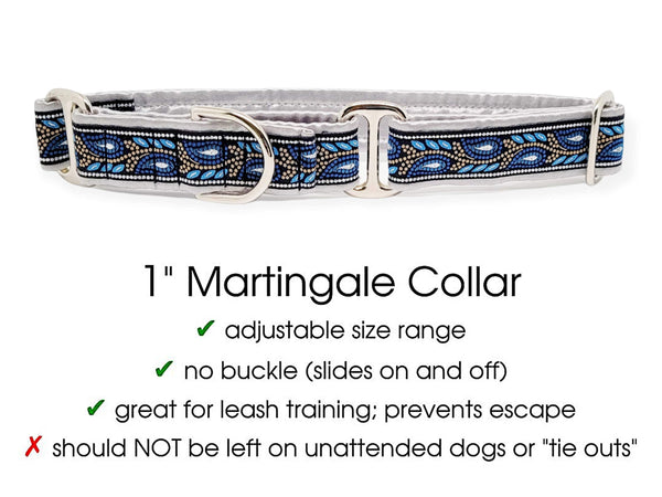 The Hound Haberdashery Collar Paisley Mosaic Vines Jacquard in Silver & Blue - Martingale Dog Collar or Buckle Dog Collar - 1" Width