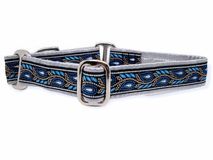 The Hound Haberdashery Collar Paisley Mosaic Vines Jacquard in Silver & Blue - Martingale Dog Collar or Buckle Dog Collar - 1" Width