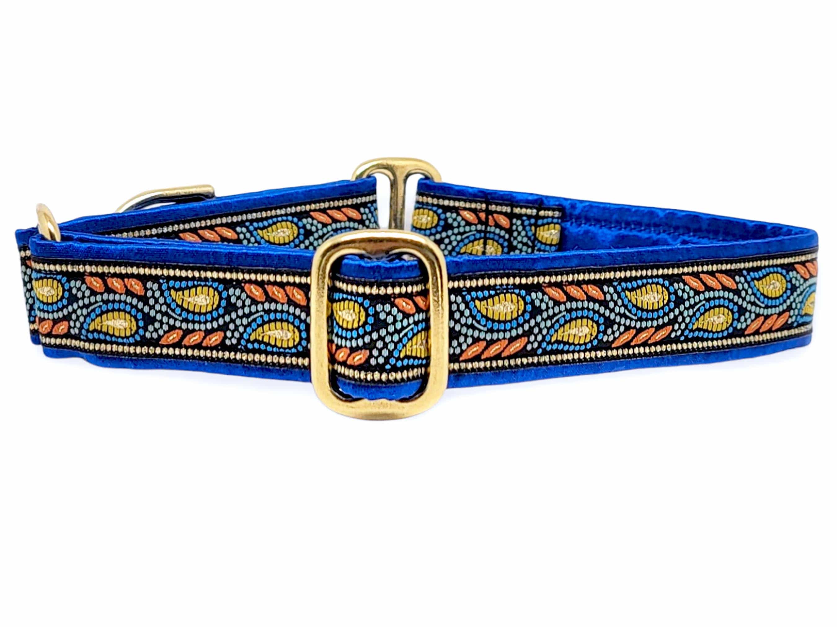 The Hound Haberdashery Collar Paisley Mosaic Vines Jacquard in Blue & Yellow - Martingale Dog Collar or Buckle Dog Collar - 1" Width
