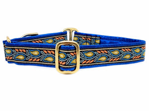 The Hound Haberdashery Collar Paisley Mosaic Vines Jacquard in Blue & Yellow - Martingale Dog Collar or Buckle Dog Collar - 1" Width
