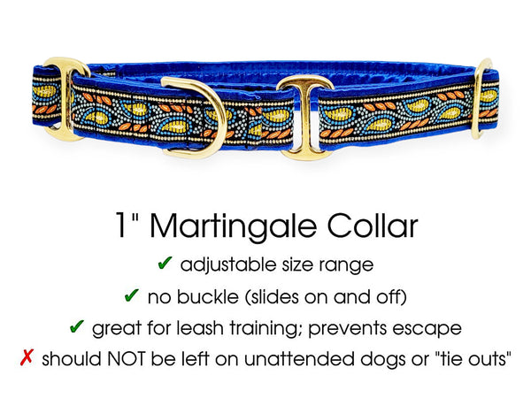 The Hound Haberdashery Collar Paisley Mosaic Vines Jacquard in Blue & Yellow - Martingale Dog Collar or Buckle Dog Collar - 1" Width