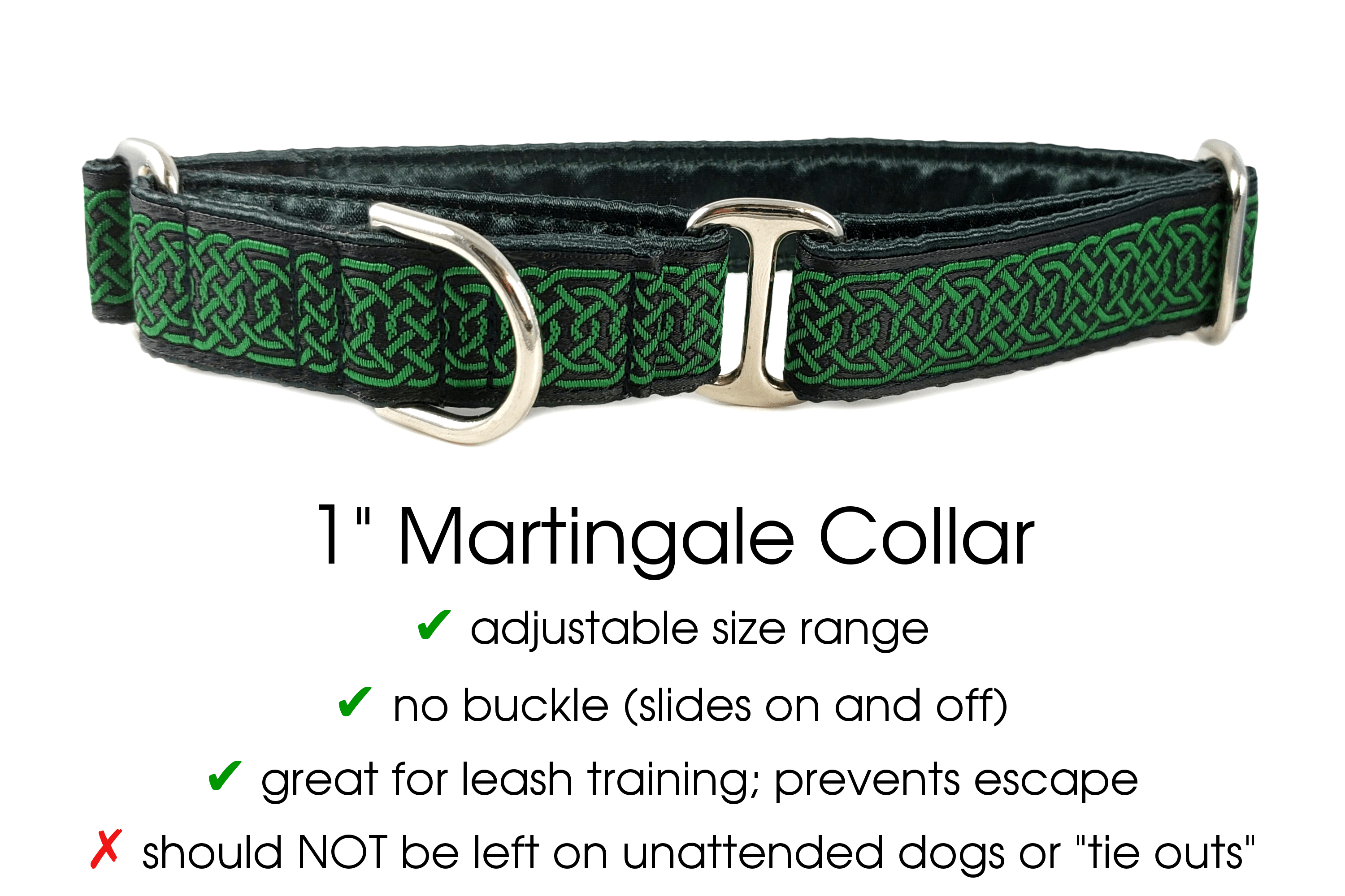 The Hound Haberdashery Collar Wexford Jacquard in Black & Green - Martingale Dog Collar or Buckle Dog Collar - 1" Width