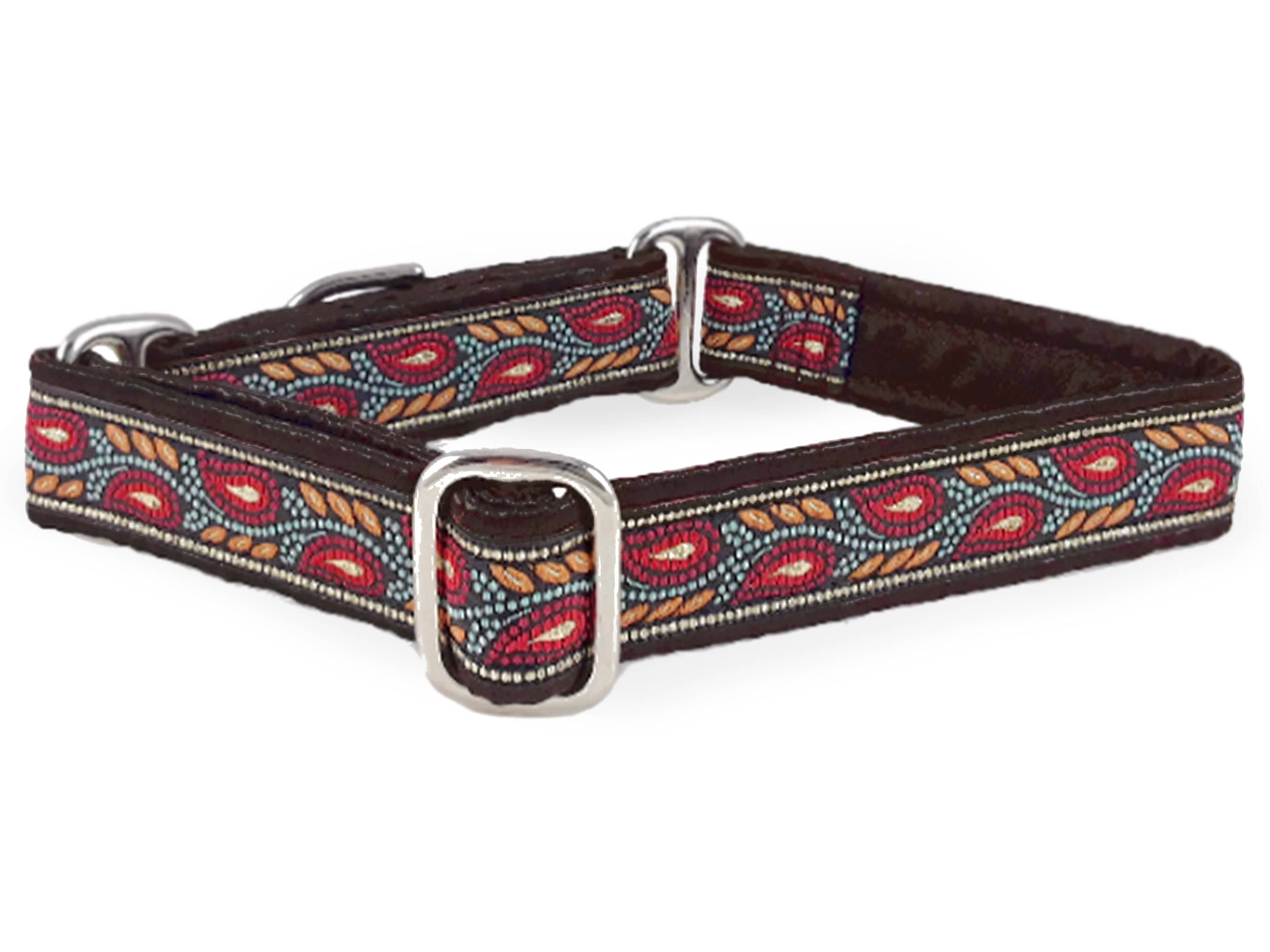 The Hound Haberdashery Collar Paisley Mosaic Vines Jacquard in Brown & Red - Martingale Dog Collar or Buckle Dog Collar - 1" Width