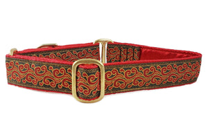 The Hound Haberdashery Collar Shanghai Jacquard in Red & Metallic Gold - Martingale Dog Collar or Buckle Dog Collar - 1" Width