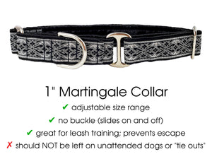 The Hound Haberdashery Collar Clifden Jacquard in Black & Silver - Martingale Dog Collar or Buckle Dog Collar - 1" Width