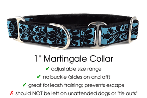 The Hound Haberdashery Collar Lyons Damask in Blue & Black - Martingale Dog Collar or Buckle Dog Collar - 1" Width