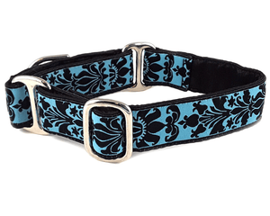 The Hound Haberdashery Collar Lyons Damask in Blue & Black - Martingale Dog Collar or Buckle Dog Collar - 1" Width