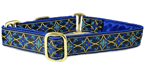 The Hound Haberdashery Collar Exeter Jacquard in Blue & Gold - Martingale Dog Collar or Buckle Dog Collar - 1" Width