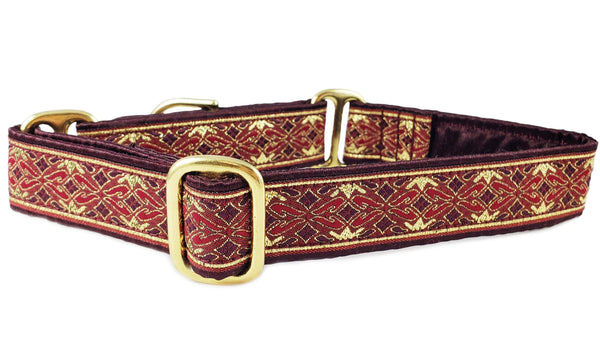 The Hound Haberdashery Collar Clifden Jacquard in Burgundy & Gold - Martingale Dog Collar or Buckle Dog Collar - 1" Width