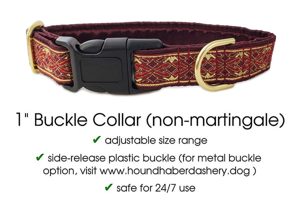 The Hound Haberdashery Collar Clifden Jacquard in Burgundy & Gold - Martingale Dog Collar or Buckle Dog Collar - 1" Width