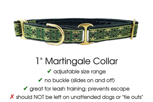 The Hound Haberdashery Collar Clifden Jacquard in Green & Gold - Martingale Dog Collar or Buckle Dog Collar - 1" Width