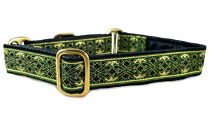 The Hound Haberdashery Collar Clifden Jacquard in Green & Gold - Martingale Dog Collar or Buckle Dog Collar - 1" Width