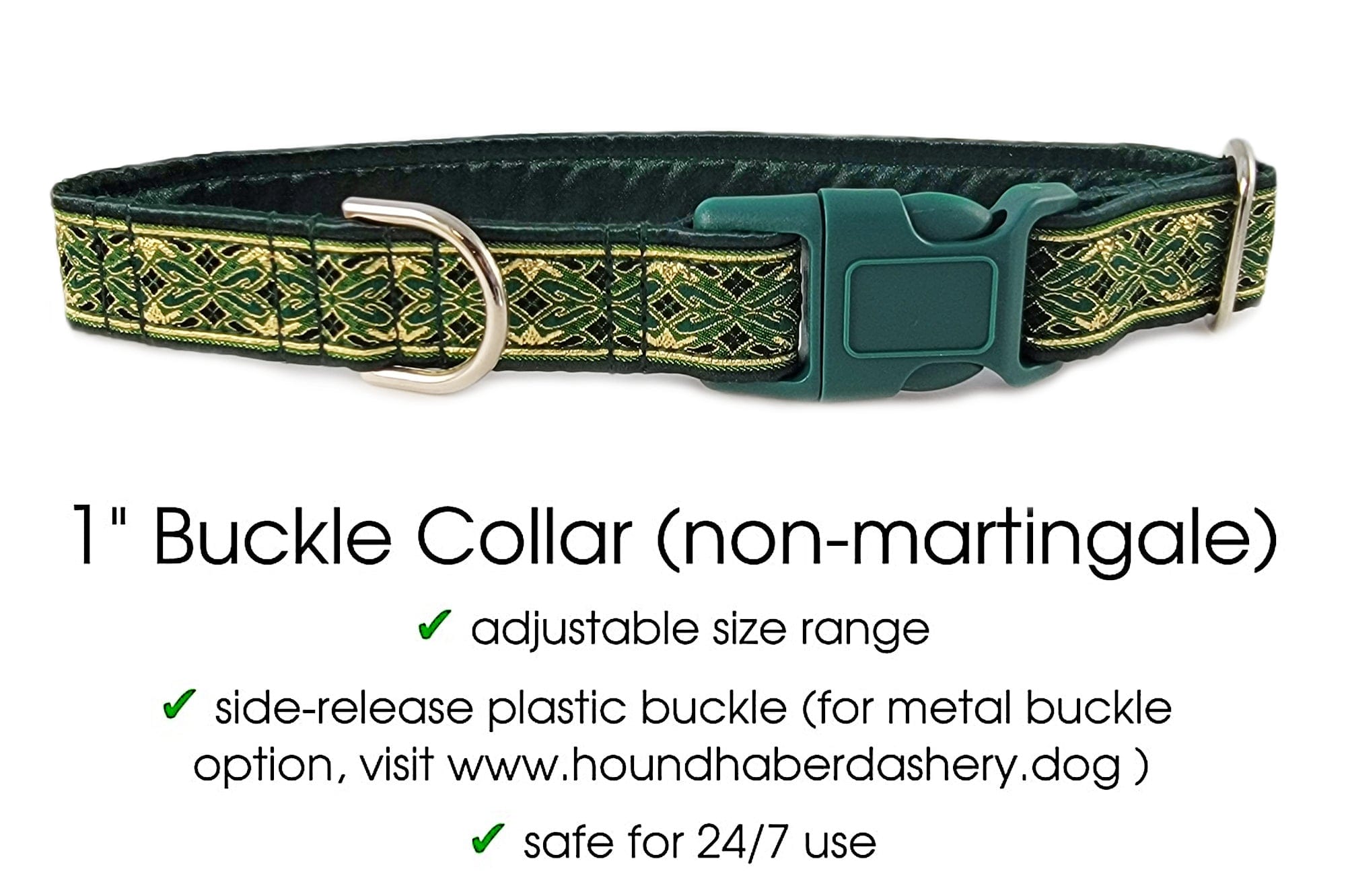 The Hound Haberdashery Collar Clifden Jacquard in Green & Gold - Martingale Dog Collar or Buckle Dog Collar - 1" Width