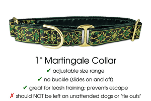 The Hound Haberdashery Collar Exeter Jacquard in Green & Gold - Martingale Dog Collar or Buckle Dog Collar - 1" Width