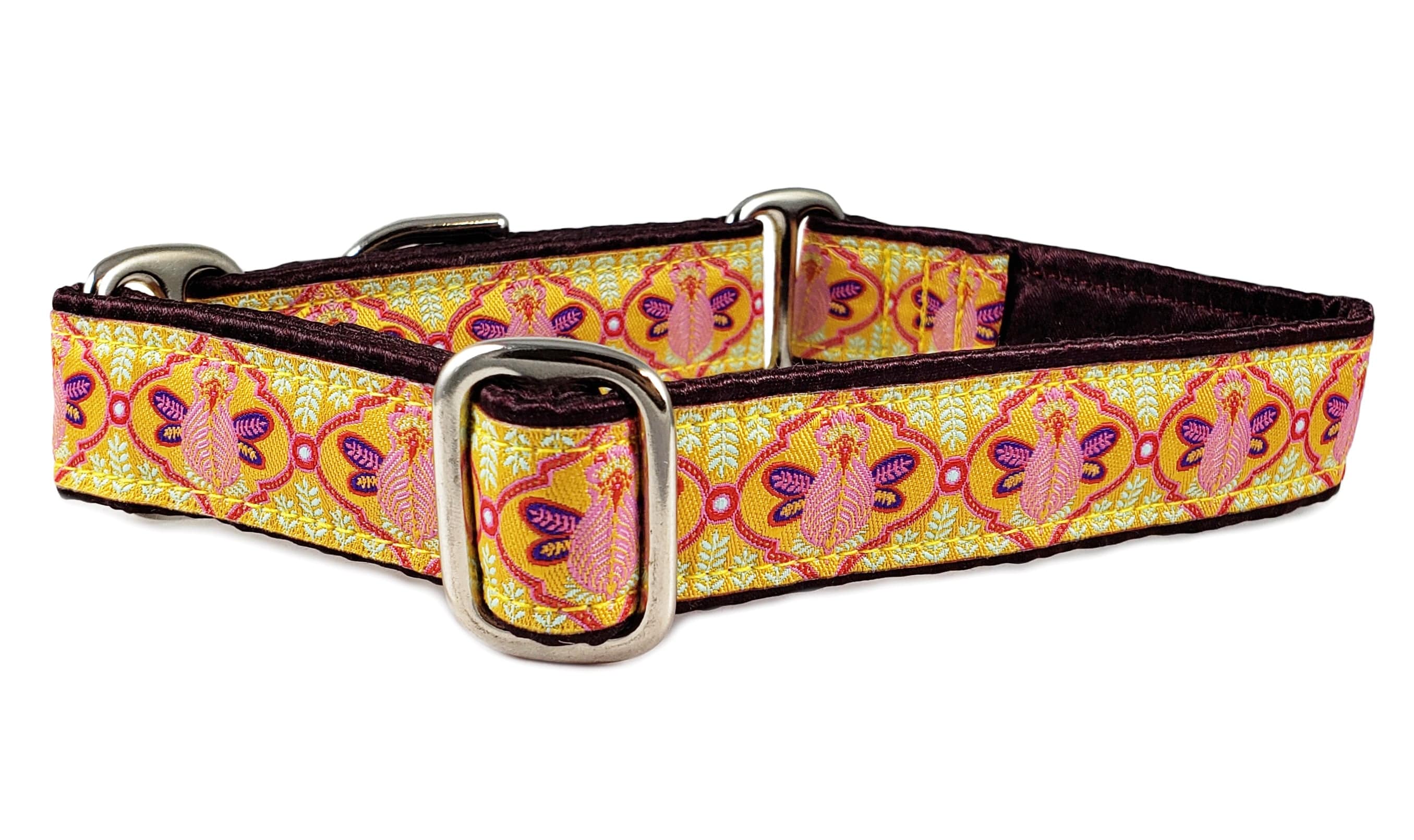 The Hound Haberdashery Collar Lotus Bee in Goldenrod & Pink - Martingale Dog Collar or Buckle Dog Collar - 1" Width