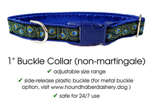 The Hound Haberdashery Collar Peacock - Martingale Dog Collar or Buckle Dog Collar - 1" Width