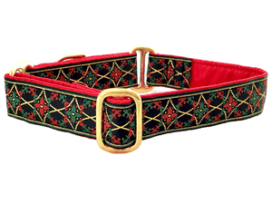 The Hound Haberdashery Collar Exeter in Red, Green, & Gold - Martingale Dog Collar or Buckle Dog Collar - 1" Width