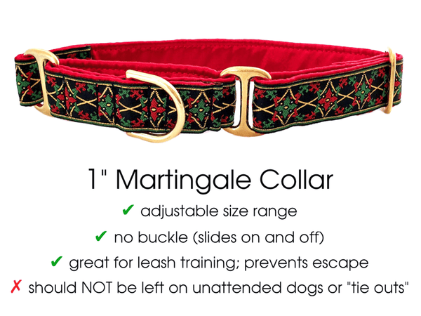 The Hound Haberdashery Collar Exeter in Red, Green, & Gold - Martingale Dog Collar or Buckle Dog Collar - 1" Width