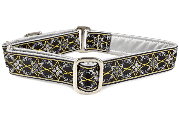 Exeter Jacquard in Gray & Gold - Martingale Dog Collar or Buckle Dog Collar - 1" Width - The Hound Haberdashery