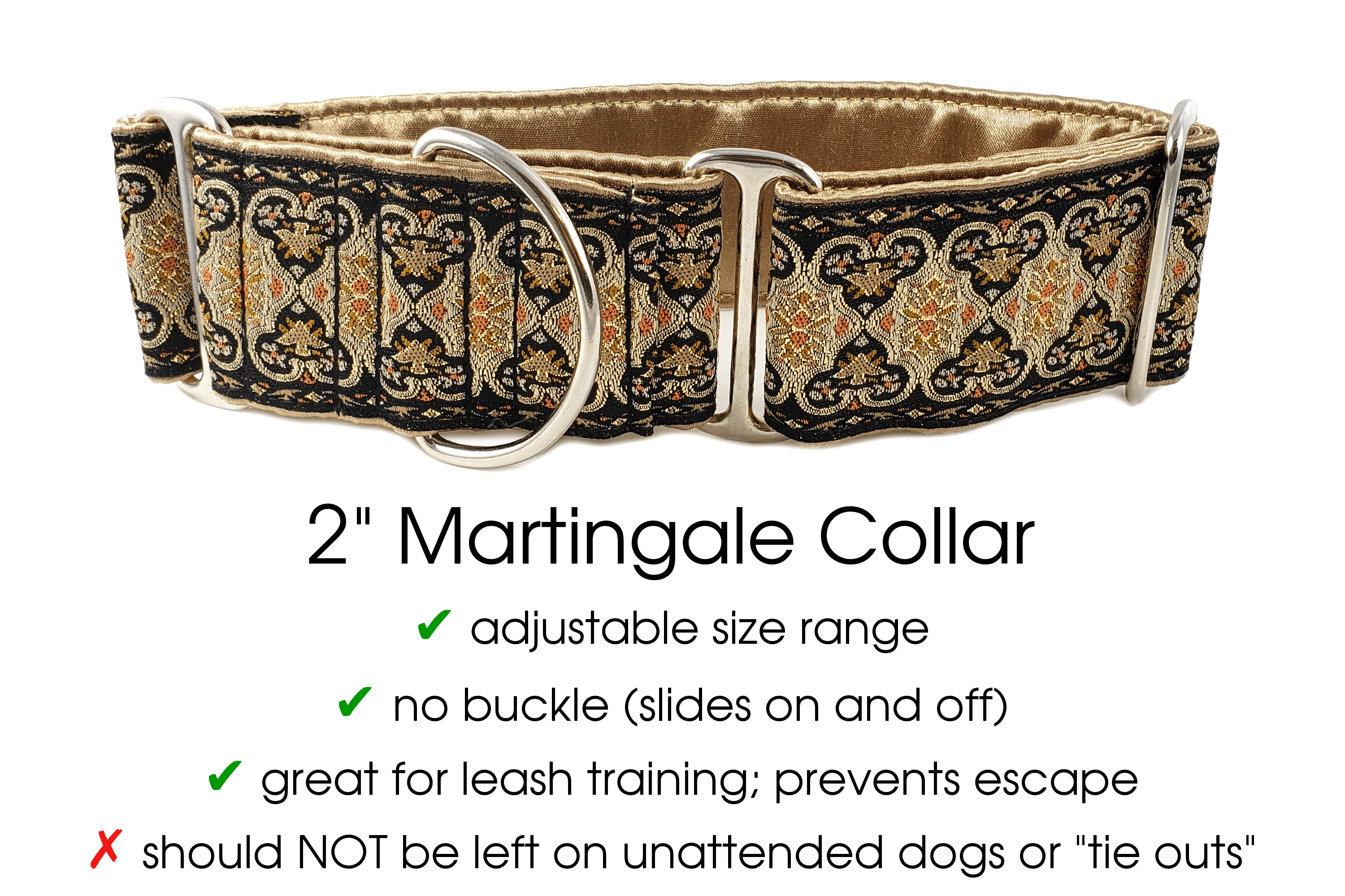 The Hound Haberdashery Collar Cairo Jacquard in Black & Metallic Gold - Martingale Dog Collar or Buckle Dog Collar - 2" Width
