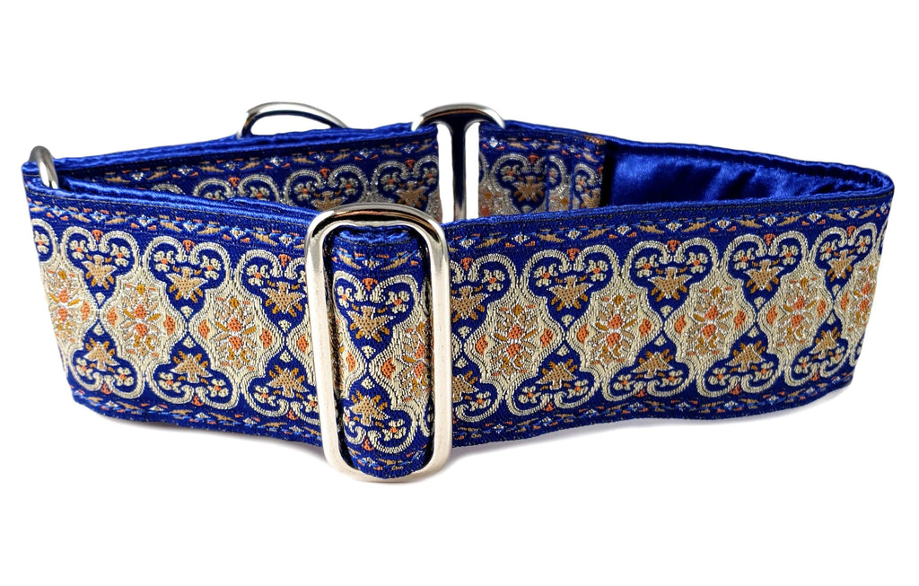 The Hound Haberdashery Collar Cairo Jacquard in Blue & Metallic Gold & Silver - Martingale Dog Collar or Buckle Dog Collar - 2" Width