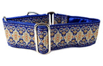 Load image into Gallery viewer, The Hound Haberdashery Collar Cairo Jacquard in Blue &amp; Metallic Gold &amp; Silver - Martingale Dog Collar or Buckle Dog Collar - 2&quot; Width
