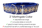 Load image into Gallery viewer, The Hound Haberdashery Collar Cairo Jacquard in Blue &amp; Metallic Gold &amp; Silver - Martingale Dog Collar or Buckle Dog Collar - 2&quot; Width
