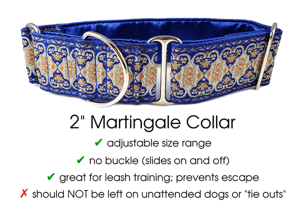 The Hound Haberdashery Collar Cairo Jacquard in Blue & Metallic Gold & Silver - Martingale Dog Collar or Buckle Dog Collar - 2" Width