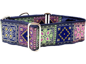 The Hound Haberdashery Collar Paisley Squares in Navy & Pastels - Martingale Dog Collar or Buckle Dog Collar - 2" Width