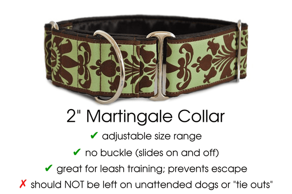 Lyons Damask in Green and Chocolate - Martingale Dog Collar or Buckle Dog Collar - 2" Width - The Hound Haberdashery