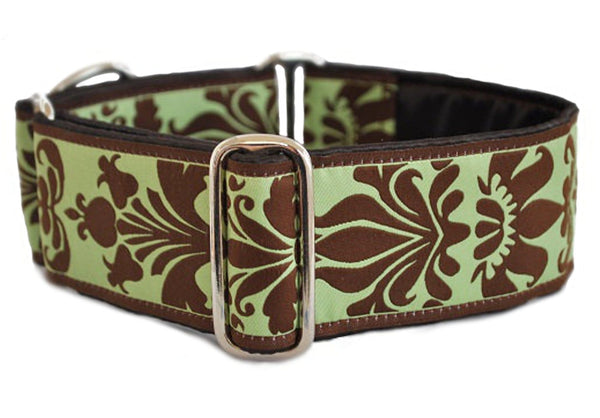 Lyons Damask in Green and Chocolate - Martingale Dog Collar or Buckle Dog Collar - 2" Width - The Hound Haberdashery