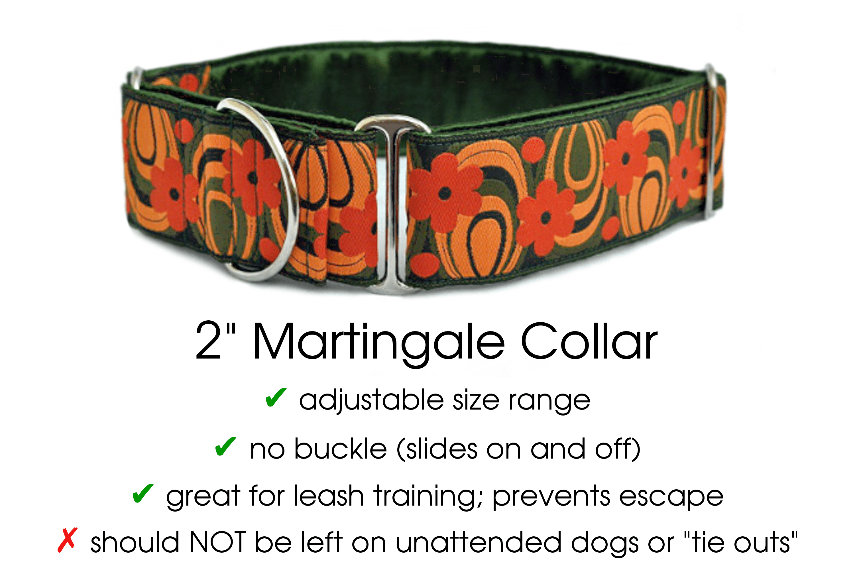 Woodstock in Green & Orange - Martingale Dog Collar or Buckle Dog Collar - 2" Width - The Hound Haberdashery