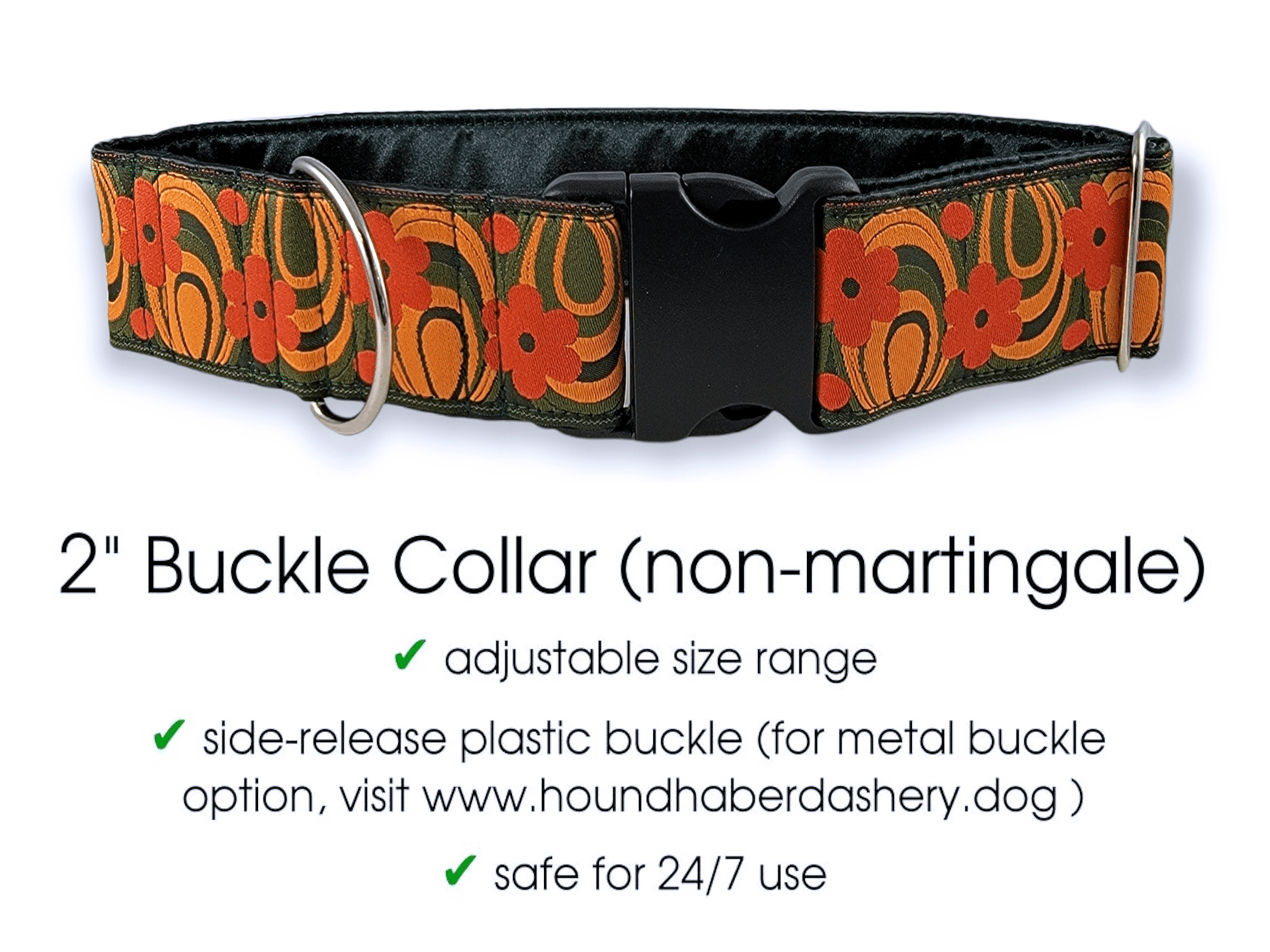 The Hound Haberdashery Collar Woodstock in Green & Orange - Martingale Dog Collar or Buckle Dog Collar - 2" Width