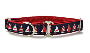 Ships Ahoy Jacquard in Red, White & Navy Blue - Martingale Dog Collar or Buckle Dog Collar - 1" Width - The Hound Haberdashery