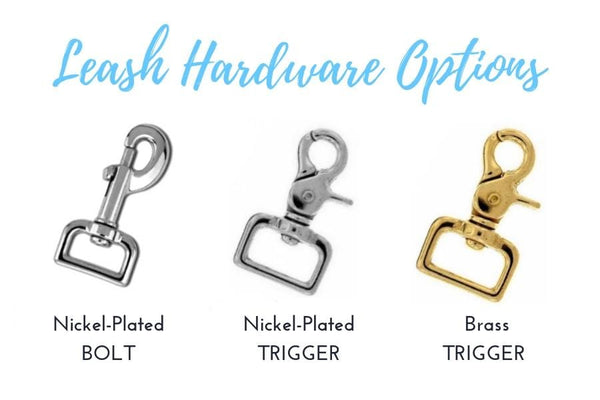 Leash hardware options: nickel-plated bolt, nickel-plated trigger, or brass trigger