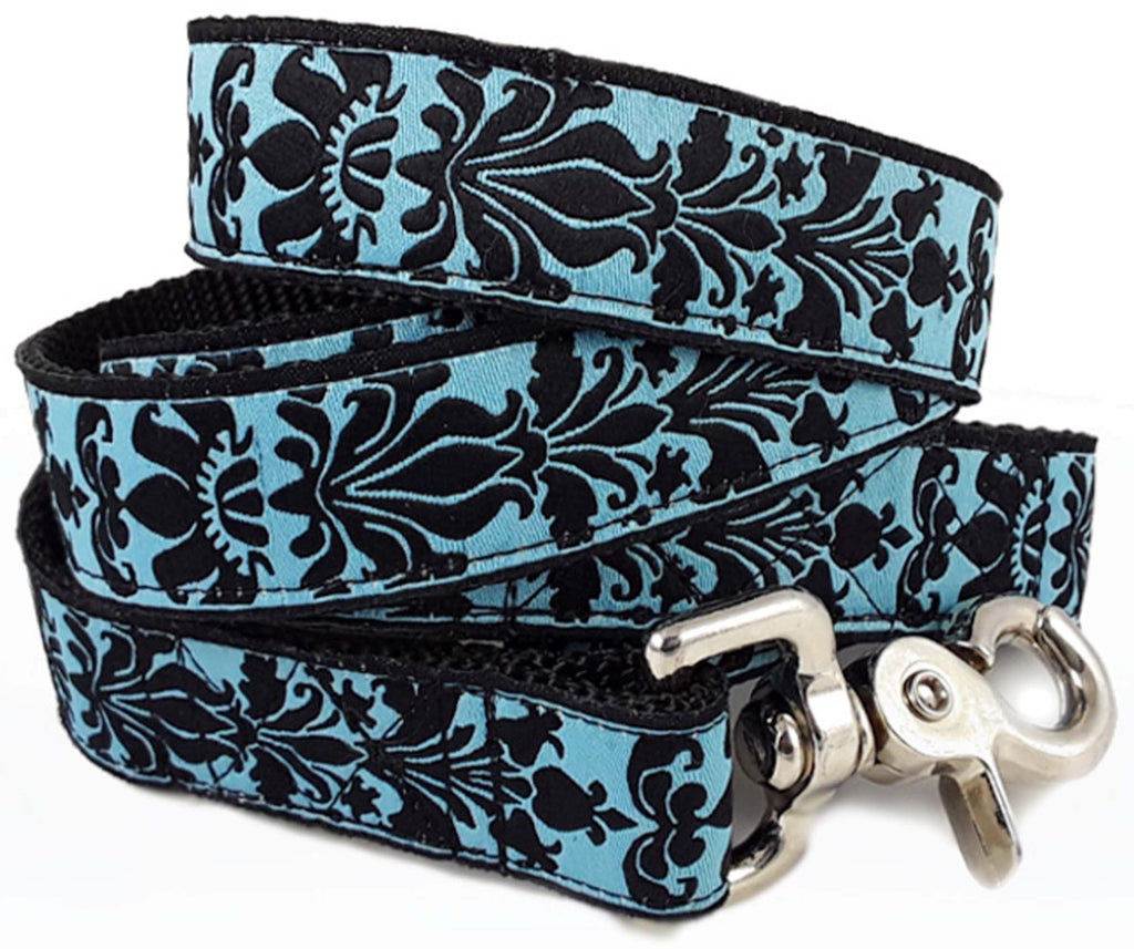 The Hound Haberdashery Lyons Damask Jacquard Dog Leash in Blue & Black