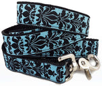 Load image into Gallery viewer, The Hound Haberdashery Lyons Damask Jacquard Dog Leash in Blue &amp; Black

