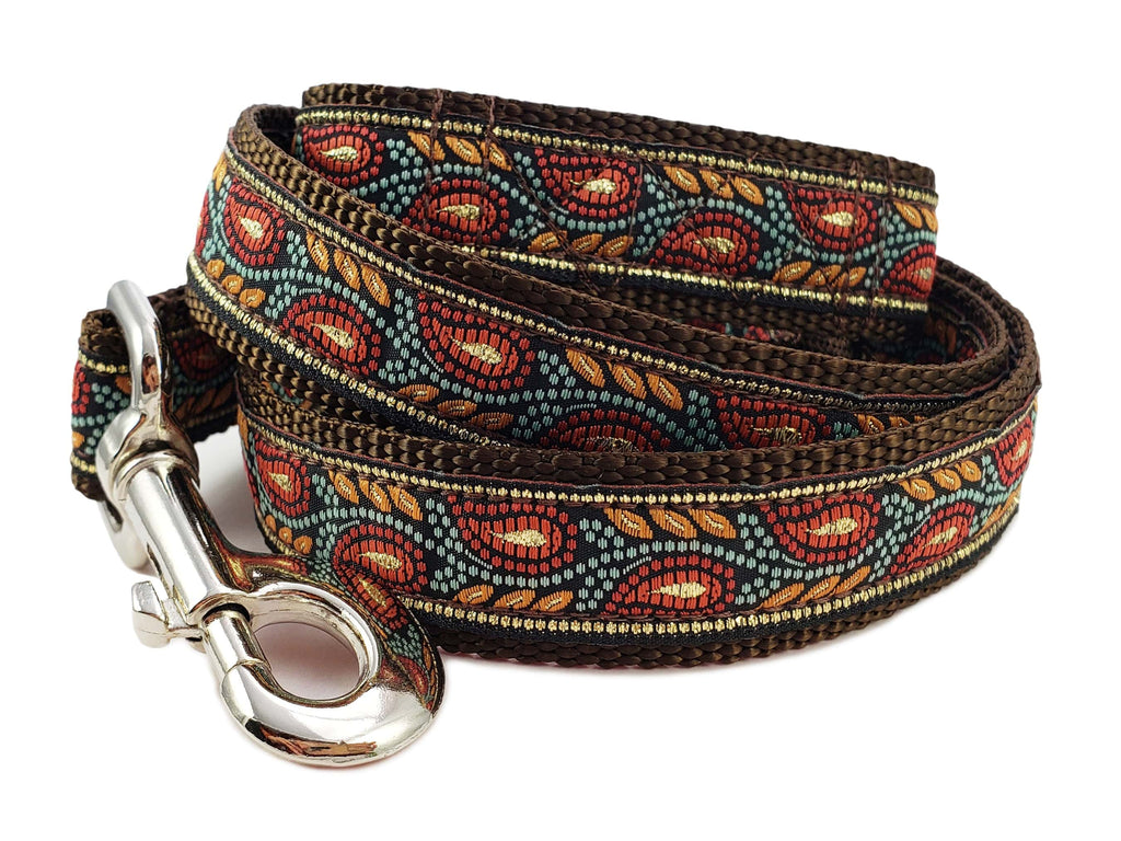 The Hound Haberdashery Paisley Mosaic Vines Jacquard Dog Leash in Brown & Red