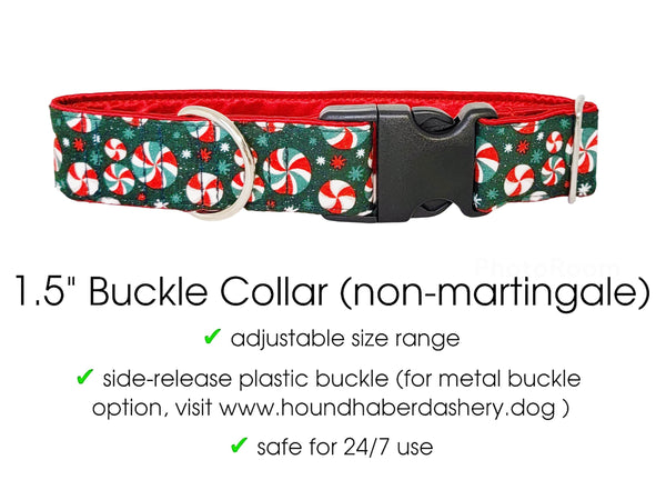 The Hound Haberdashery Collar Christmas Peppermints- Martingale Dog Collar or Buckle Dog Collar - 1.5" & 2" Widths