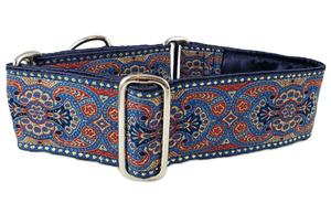 The Hound Haberdashery Collar Marseilles Tapestry in Blue, Red & Taupe - Martingale Dog Collar or Buckle Dog Collar - 2" Width