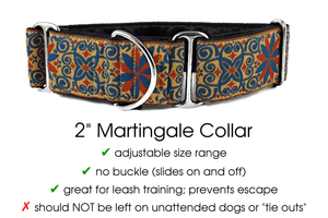 Arabesque in Gold, Blue & Rust - Martingale Dog Collar or Buckle Dog Collar - 2" Width - The Hound Haberdashery