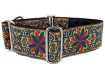 Load image into Gallery viewer, Arabesque in Gold, Blue &amp; Rust - Martingale Dog Collar or Buckle Dog Collar - 2&quot; Width - The Hound Haberdashery

