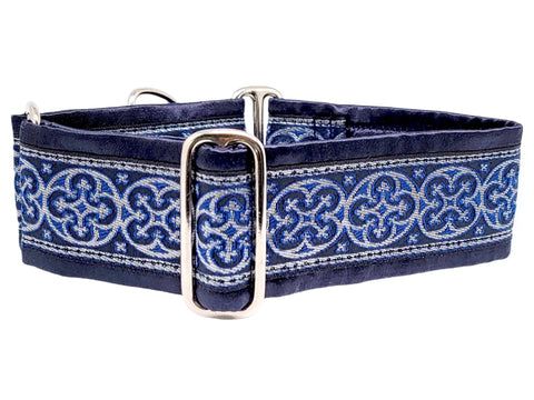 The Hound Haberdashery Collar Celtic Cross in Navy & Silver - Martingale Dog Collar or Buckle Dog Collar - 2" Width