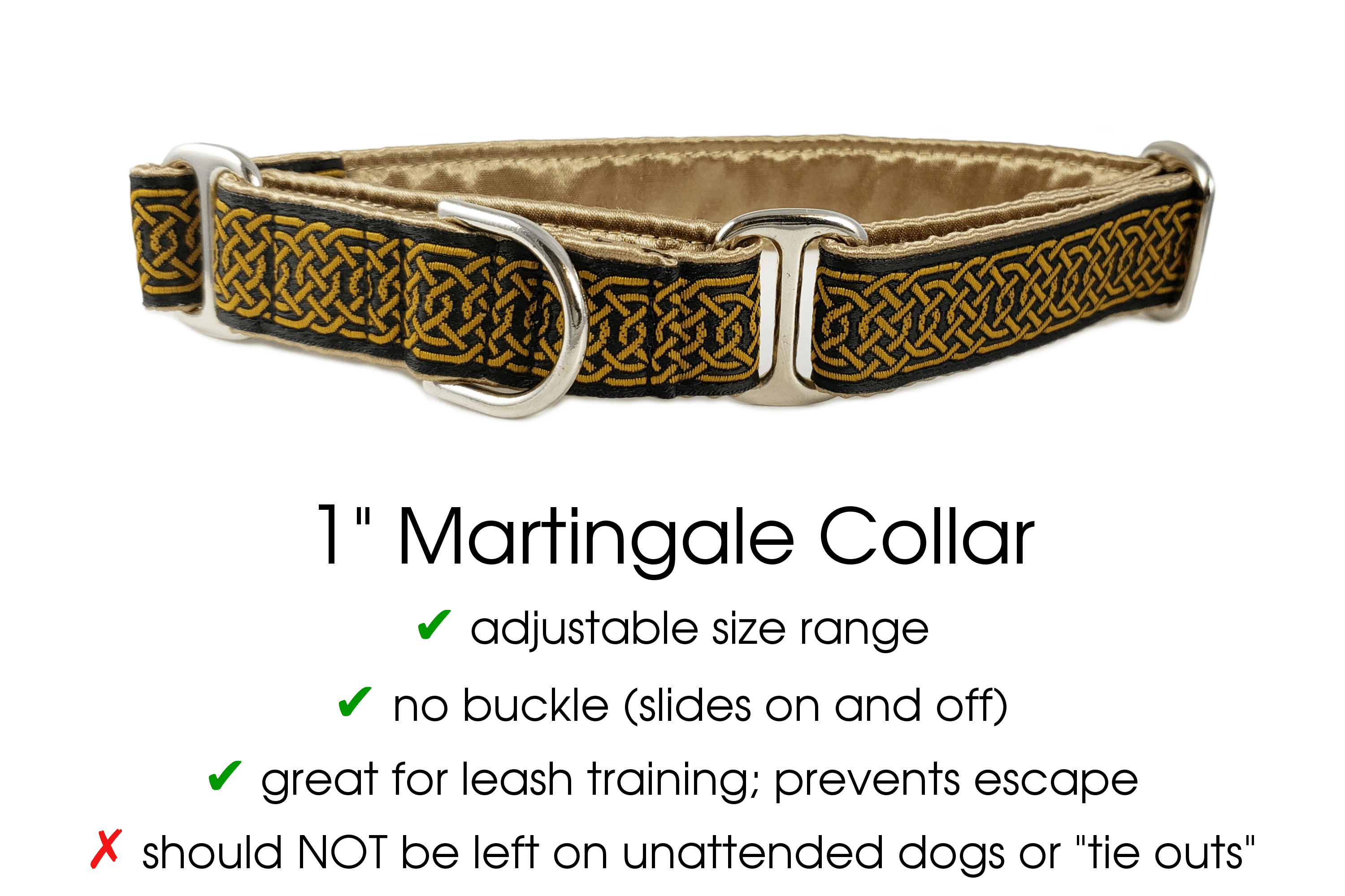 The Hound Haberdashery Collar Wexford Jacquard in Black & Old Gold - Martingale Dog Collar or Buckle Dog Collar - 1" Width