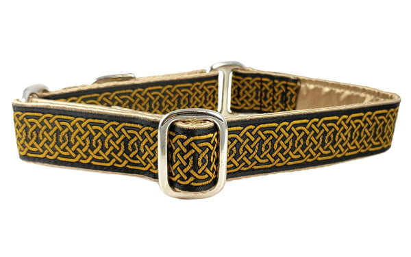 The Hound Haberdashery Collar Wexford Jacquard in Black & Old Gold - Martingale Dog Collar or Buckle Dog Collar - 1" Width