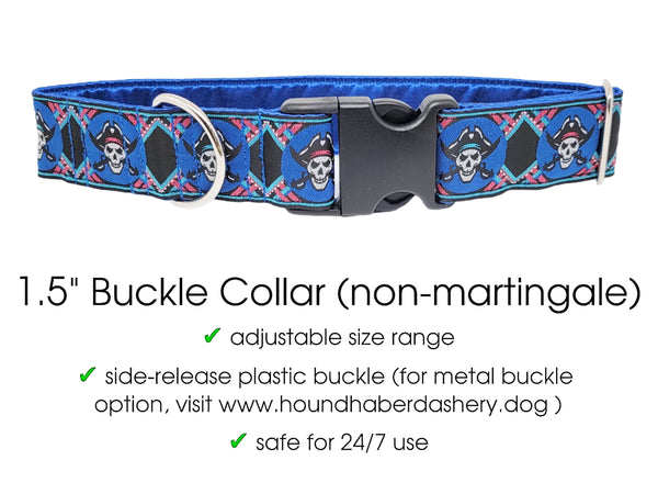 The Hound Haberdashery Collar Pirates in Blue & Black - Martingale Dog Collar or Buckle Dog Collar - 1.5" Width