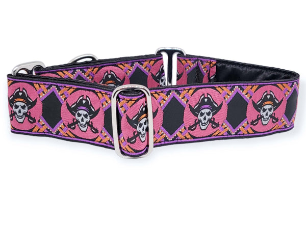 The Hound Haberdashery Collar Pirates in Pink- Martingale Dog Collar or Buckle Dog Collar - 1.5" Width