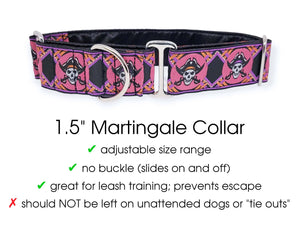 The Hound Haberdashery Collar Pirates in Pink- Martingale Dog Collar or Buckle Dog Collar - 1.5" Width