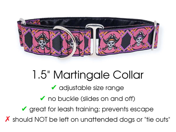 The Hound Haberdashery Collar Pirates in Pink- Martingale Dog Collar or Buckle Dog Collar - 1.5" Width